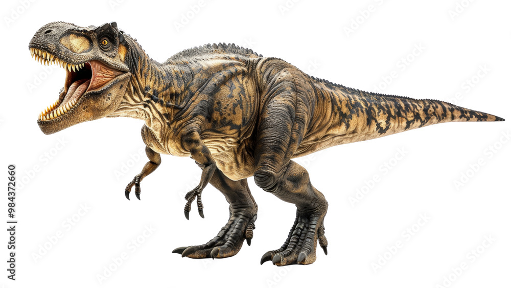 Isolated image of Carcharodontosaurus against a white background, focusing on its imposing structure, detailed anatomy, and fierce appearance Isolated image of Carcharodontosaurus against a white background, focusing on its imposing structure, detailed anatomy, and fierce appearance
