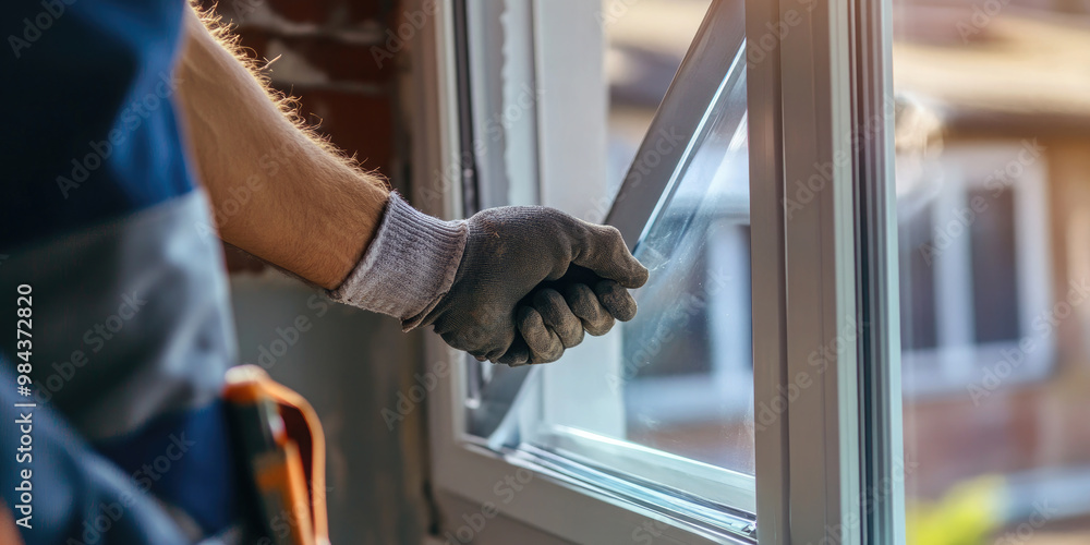 A window installation worker installs window frames into the openings of a house. A window installation worker installs window frames into the openings of a house.