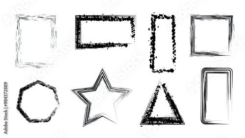 Shapes are hand-drawn shapes.Black ink stencils. Artistic graphic box, black boots, grunge brush strokes and grunge frames for text. Grunge tiny underlines, borders, dividers for your design.