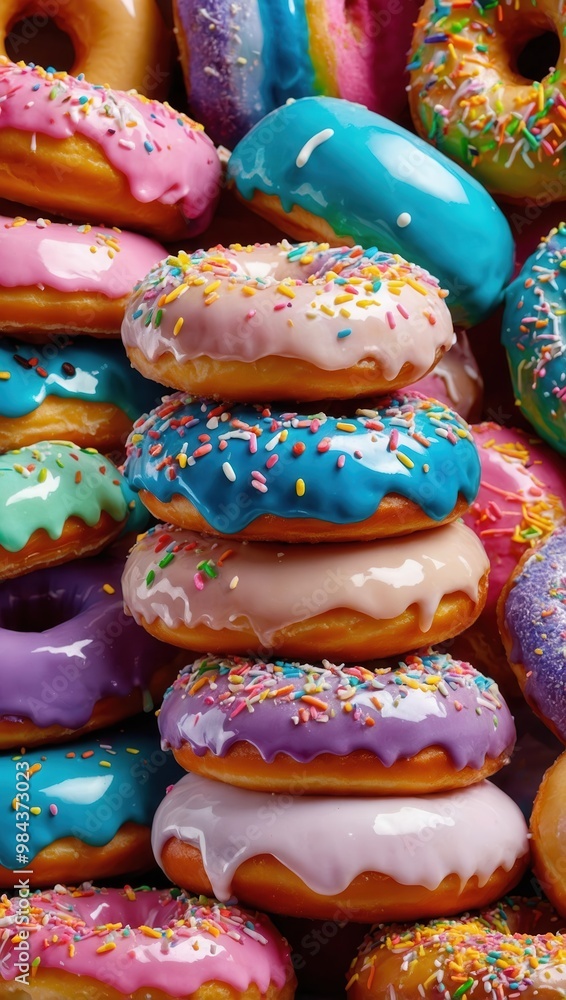 Close-Up of Colorful Glazed Donuts with Various Toppings Close-Up of Colorful Glazed Donuts with Various Toppings