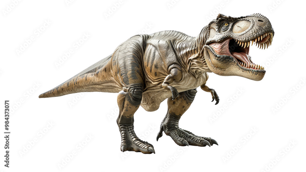 Isolated King Tyrannosaurus rex on a white background, showcasing its large, fearsome head, strong limbs, and detailed scales Isolated King Tyrannosaurus rex on a white background, showcasing its large, fearsome head, strong limbs, and detailed scales