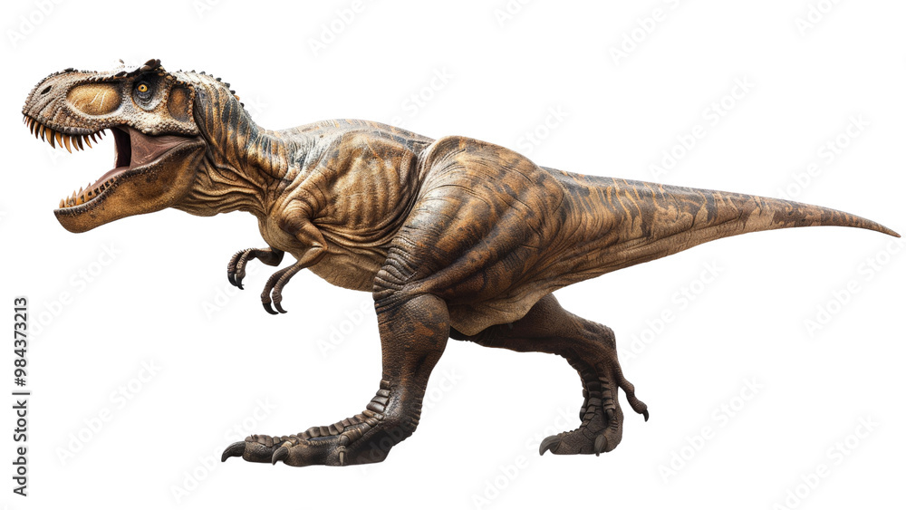Isolated King Tyrannosaurus rex on a white background, showcasing its large, fearsome head, strong limbs, and detailed scales Isolated King Tyrannosaurus rex on a white background, showcasing its large, fearsome head, strong limbs, and detailed scales