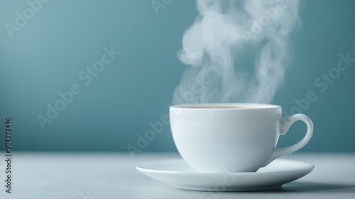 A steaming cup of coffee in a white cup and saucer is set against a clean, light blue background, giving an impression of freshness and simplicity.