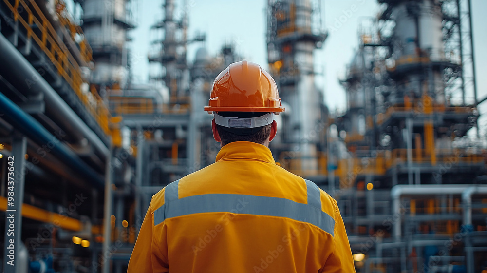 Rear view of engineer worker in uniform and hard hat against background of pipeline and pipe rack of oil industrial plant. Rear view of engineer worker in uniform and hard hat against background of pipeline and pipe rack of oil industrial plant.