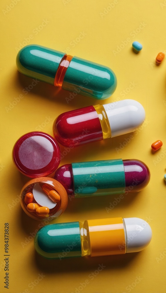 Close-Up of Colorful Pills on Yellow Background