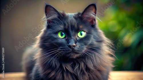 A black cat's big green eyes sparkle with mischief as it gazes directly at the camera, its fluffy whiskers twitching with playful curiosity. photo