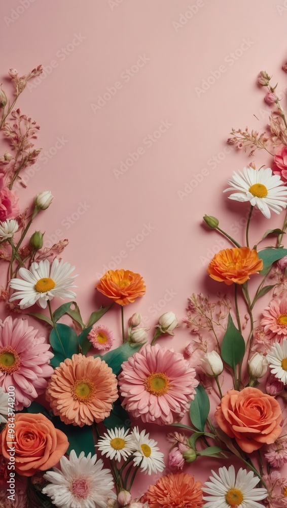 Soft Pink Background with Floral Arrangement of Roses and Geraniums Soft Pink Background with Floral Arrangement of Roses and Geraniums