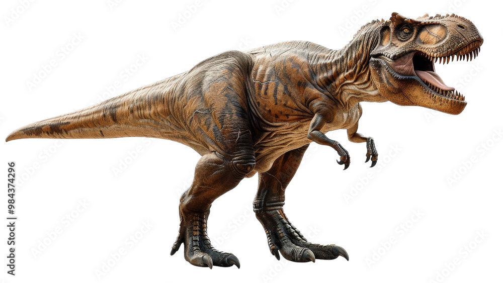 Lifelike depiction of King Tyrannosaurus rex, isolated on a white background, focusing on its powerful build, sharp teeth, and dominant presence Lifelike depiction of King Tyrannosaurus rex, isolated on a white background, focusing on its powerful build, sharp teeth, and dominant presence
