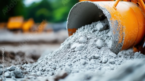 This image captures a concrete mixer in action, with cement flowing out, at an active construction site, highlighting the industrial and developmental activities ongoing. photo