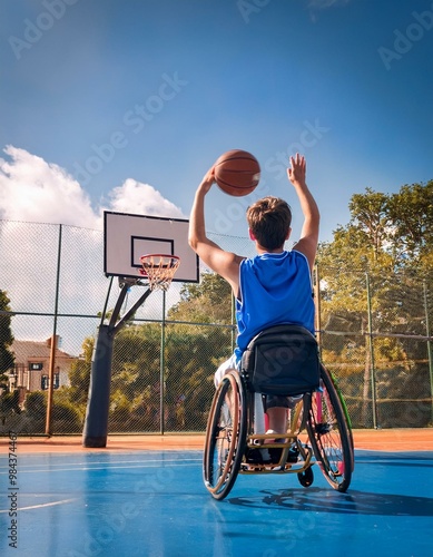 Un adolescente con silla de ruedas practicando baloncesto en una cancha al aire libre; la imagen refleja inclusión, esfuerzo y diversión en una actividad física. photo