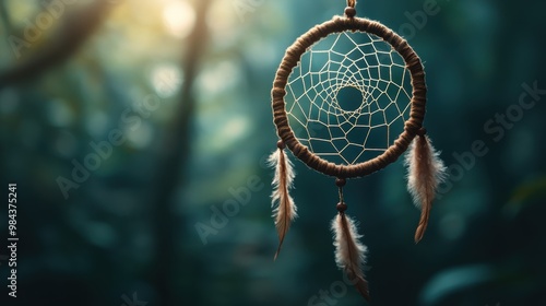 The image depicts a dreamcatcher hanging delicately in a forest with soft ambient light, creating a tranquil, spiritual atmosphere symbolizing protection and peaceful vibes. photo