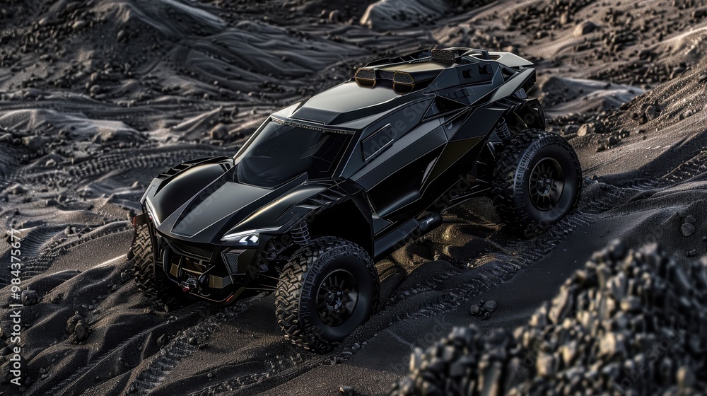 Fototapeta premium Car with a powerful motor, designed for high-speed transport. Black car with gold details, a high-performance sport model.