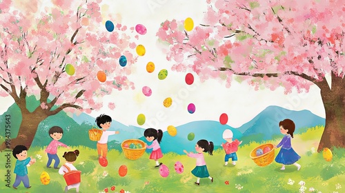 Joyful Easter Sunday scene with children happily hunting for colorful painted eggs scattered across a lush meadow under blooming cherry blossom trees. 