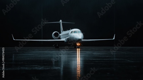 An airplane is shown taxiing on a wet runway at night under rainfall, with reflections on the tarmac creating a dramatic and serene ambiance, emphasizing motion and travel. photo