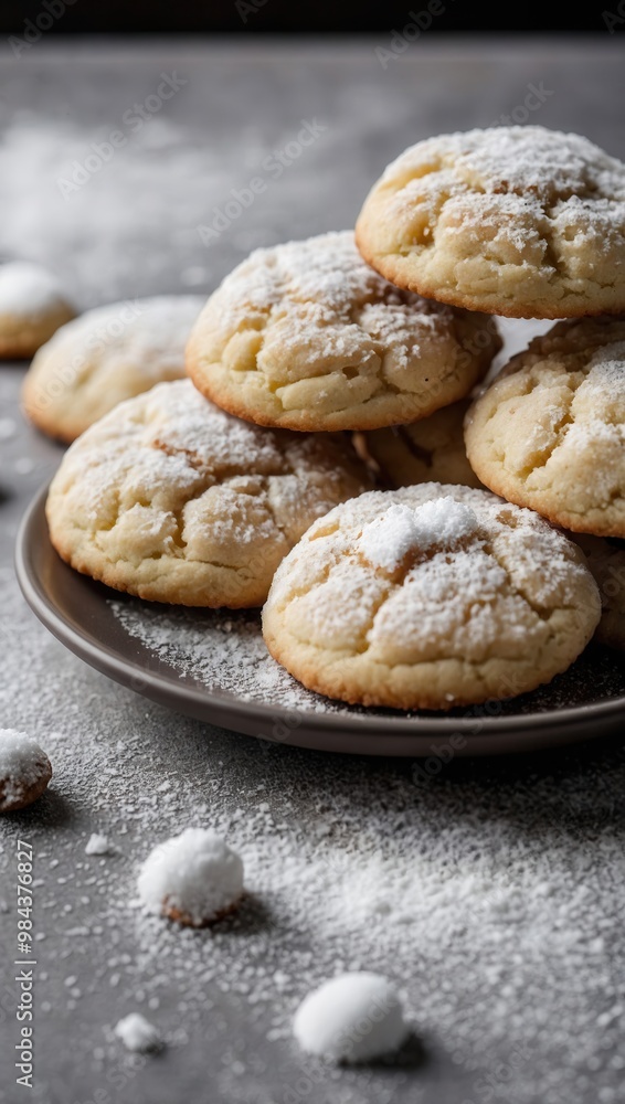 Freshly Baked Sugar-Dusted Cookies Arranged on Plate Freshly Baked Sugar-Dusted Cookies Arranged on Plate