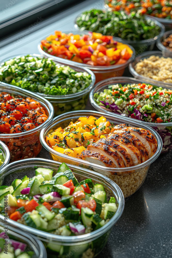 healthy meal prep ideas, A diverse array of meal prep bowls featuring salads, quinoa, and grilled chicken on a sunlit kitchen countertop healthy meal prep ideas, A diverse array of meal prep bowls featuring salads, quinoa, and grilled chicken on a sunlit kitchen countertop