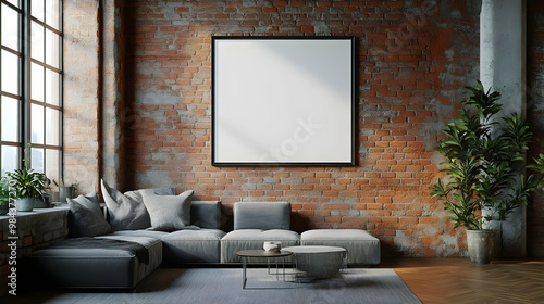 Modern Living Room with Brick Wall and Large Frame 3d Illustration