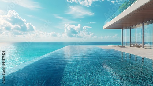 Generative AI Image of Swimming Pool in Modern Resort Hotel by the Ocean at Bright Sky Wallpaper