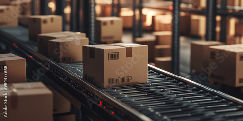 Close-up of cardboard boxes moving on a conveyor belt in an industrial warehouse, showcasing automation in logistics and packaging. 