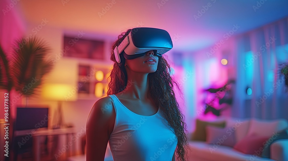 Woman Immersed in Virtual Reality with Neon Lights Woman Immersed in Virtual Reality with Neon Lights