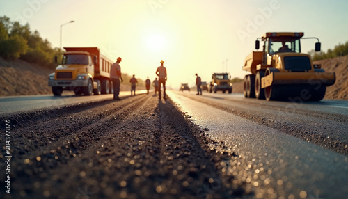 Highway construction site with workers laying asphalt on a sunny day using heavy machinery.






 photo