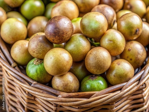 A close-up shot reveals the intricate details of scuppernongs, their indented seeds and verdant rinds nestled in a wicker basket. photo