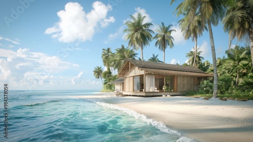 A serene beachside cabin surrounded by palm trees under a bright sky at a tropical location during daylight hours