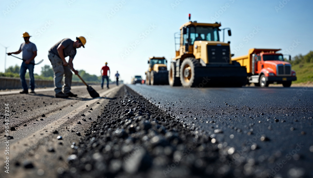 Highway construction site with workers laying asphalt on a sunny day using heavy machinery.
Highway construction site with workers laying asphalt on a sunny day using heavy machinery.