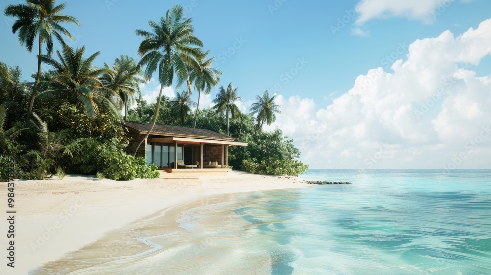 A tranquil beach resort surrounded by palm trees on a sunny day with calm turquoise waters A tranquil beach resort surrounded by palm trees on a sunny day with calm turquoise waters