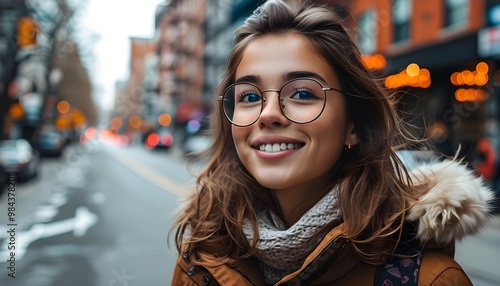 Cheerful girl in glasses capturing a selfie on a bustling city street surrounded by urban life