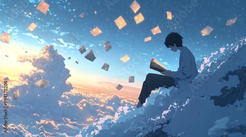 Tranquil Anime Reading Scene on a Dreamy Cloudscape with Glowing Pages Floating Away