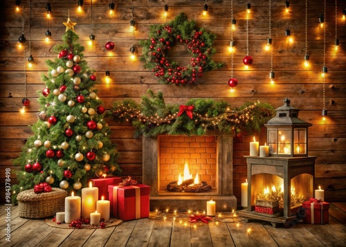 A cozy Christmas setting unfolds, with warm golden lighting showcasing vintage decorations, crimson garlands, and rustic red candles, evoking festive cheer.