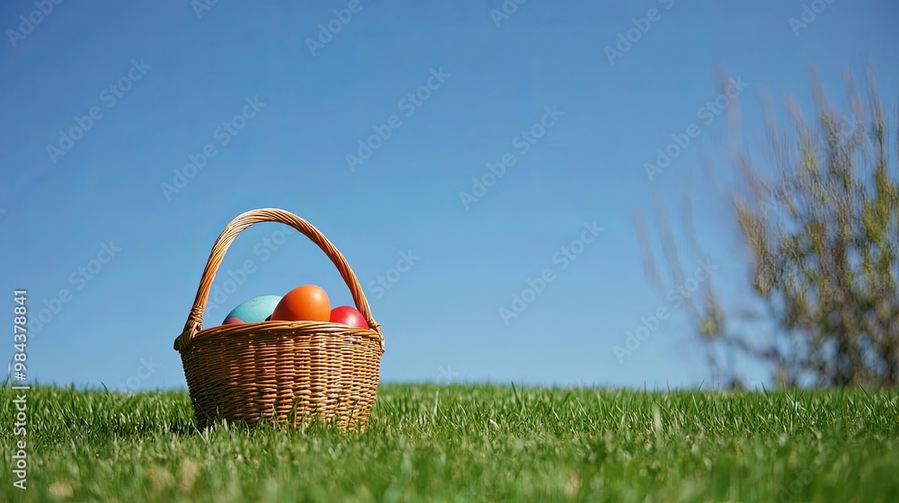 An Easter egg hunt scene featuring an empty basket on a grassy lawn under a clear blue sky, with ample copy space for text. Ideal for seasonal holiday concepts, family events An Easter egg hunt scene featuring an empty basket on a grassy lawn under a clear blue sky, with ample copy space for text. Ideal for seasonal holiday concepts, family events
