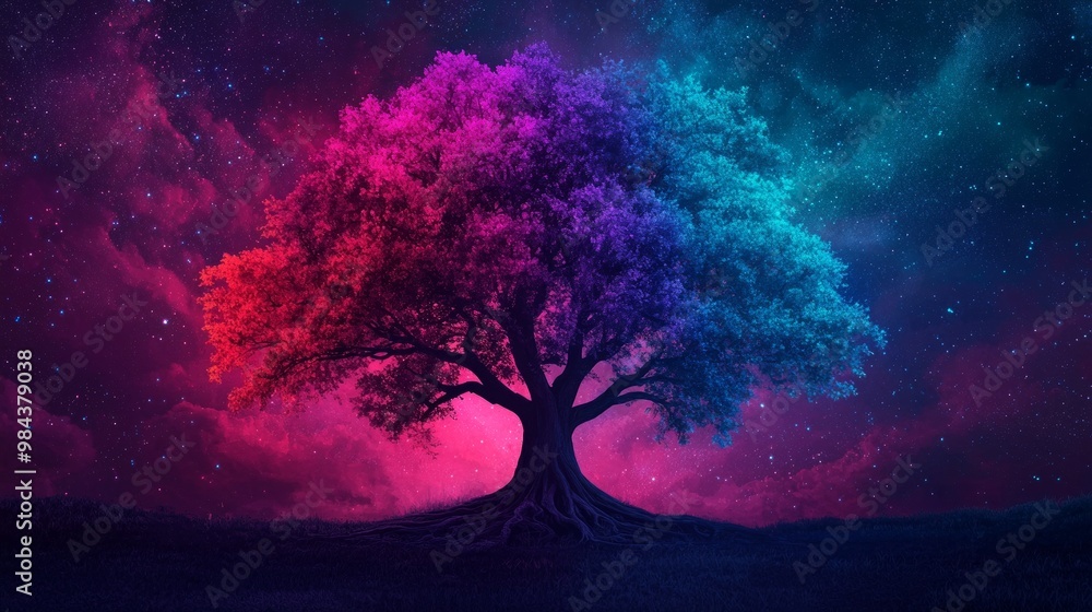A tree with roots growing upward into the sky, glowing with multicolored light, symbolizing reversing norms and challenging expectations A tree with roots growing upward into the sky, glowing with multicolored light, symbolizing reversing norms and challenging expectations