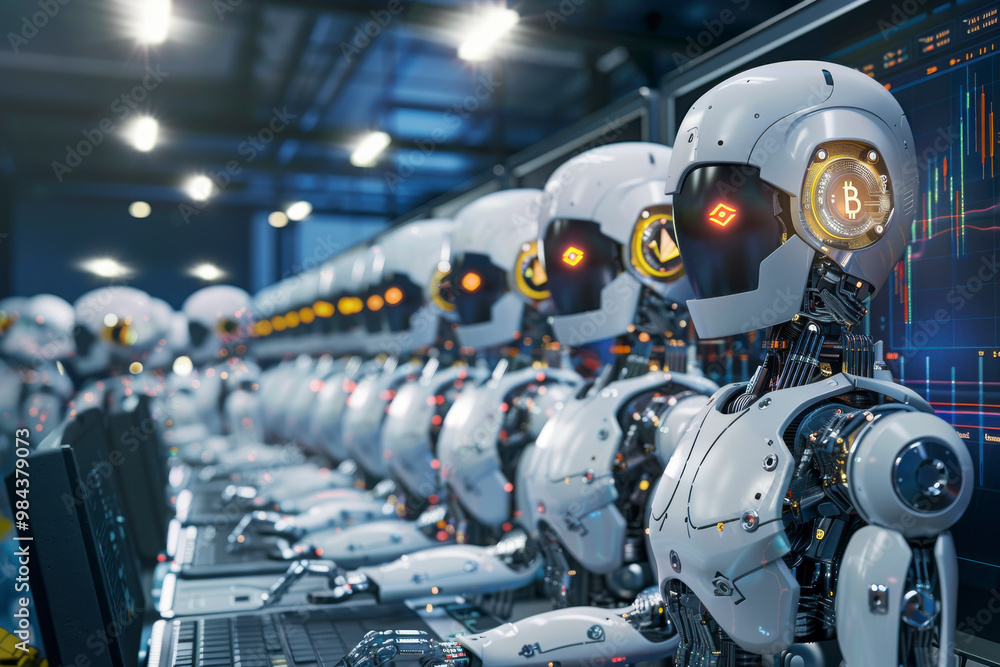 Fototapeta premium Team obots work in the office. Programmers. Virtual world of technologies in the future.