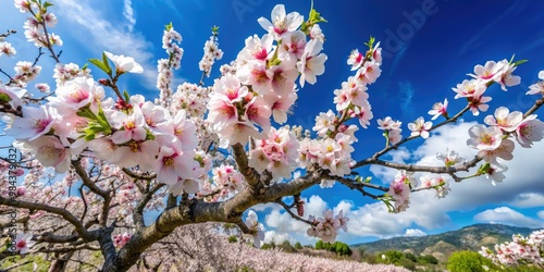 A delicate almond tree bursts forth in vibrant bloom, its white and pink flowers dancing against a brilliant blue sky, radiating beauty and serenity. photo