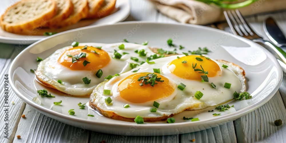 A delicate white plate frames two sunny side up eggs, their crowning glory: a pool of golden yolk, still ooze-intense and radiant. A delicate white plate frames two sunny side up eggs, their crowning glory: a pool of golden yolk, still ooze-intense and radiant.