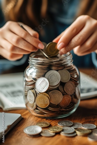 Hands saving coins into glass jar. photo