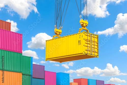 A crane lifting an open yellow container from the ground, surrounded by stacked colorful containers against a blue sky with white clouds 