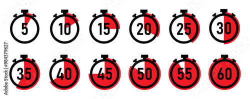 Stopwatch timer countdown clock set with 5 to 60 minutes in red color on white background. Timer set vector icon collection. 5 minutes timer set. Cooking time vector. Countdown timer symbol set.
