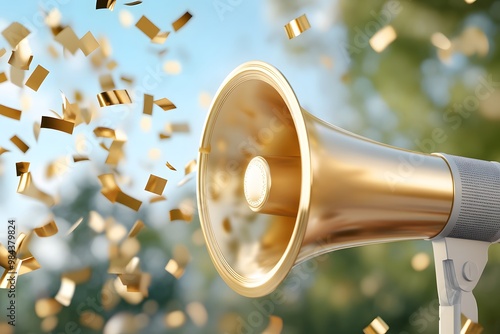 A megaphone with confetti coming out against a blur background photo