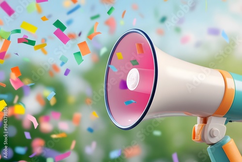 A megaphone with confetti coming out against a blur background photo