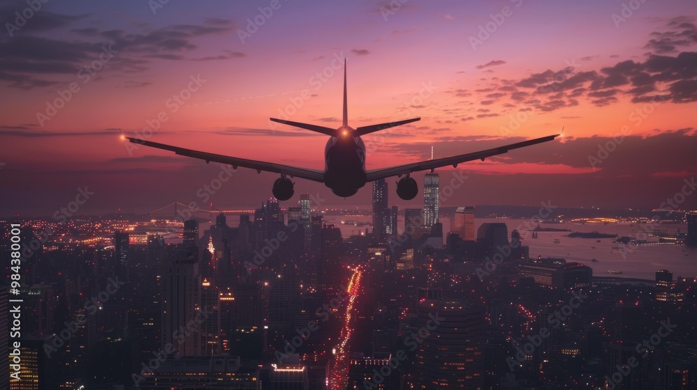 A plane flying over a city skyline at sunset, capturing vibrant colors and the hustle of urban life below A plane flying over a city skyline at sunset, capturing vibrant colors and the hustle of urban life below