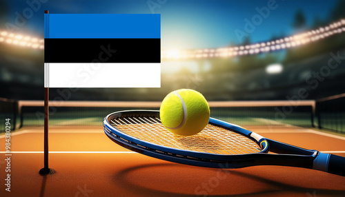 Flag of Estonia with tennis racket and ball against blurry net,on clay court surrounded by spotlights,sport concept. photo