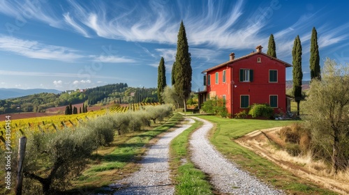 A picturesque Italian countryside landscape featuring a red house amidst vineyards and cypress trees on a sunny day