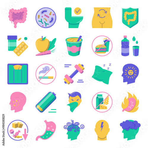 Gut health flat icon set