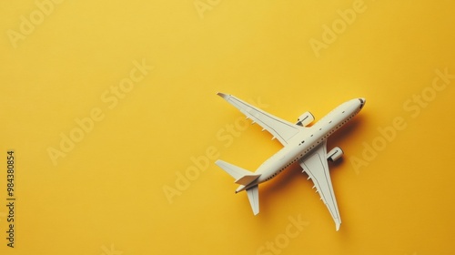 Airplane model on yellow background isolated, flat lay, air ticket, travel and vacation concept, copy space.