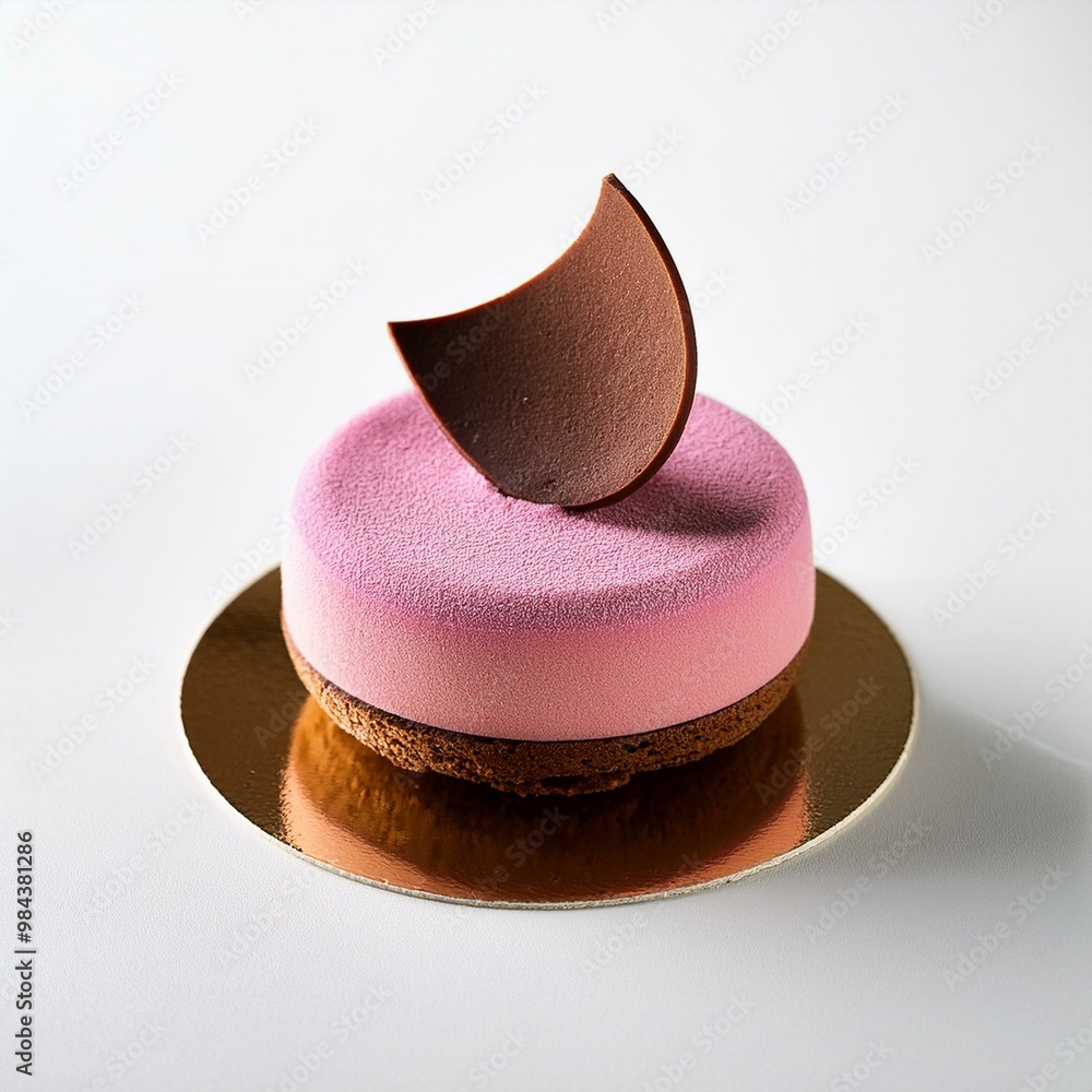 Refined mousse dessert with a chocolate base transitioning to pink layers, topped with a sculpted mousse, on a biscuit foundation Refined mousse dessert with a chocolate base transitioning to pink layers, topped with a sculpted mousse, on a biscuit foundation