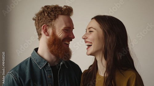 A joyful couple sharing a heartfelt laughter, their faces radiating happiness against a minimalist white background with a subtle Gaussian blur effect, highlighting the pure emotion of the moment.