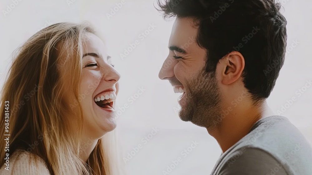 A joyful couple sharing a heartfelt laughter, their faces radiating happiness against a minimalist white background with a subtle Gaussian blur effect, highlighting the pure emotion of the moment. A joyful couple sharing a heartfelt laughter, their faces radiating happiness against a minimalist white background with a subtle Gaussian blur effect, highlighting the pure emotion of the moment.